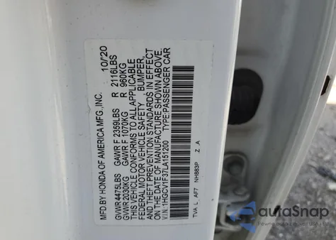 2020 Honda Accord Sport z USA, uszkodzony, nr VIN 1HGCV1F37LA151200